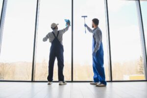 A man cleaning windows. cleaning team of men washes the windows